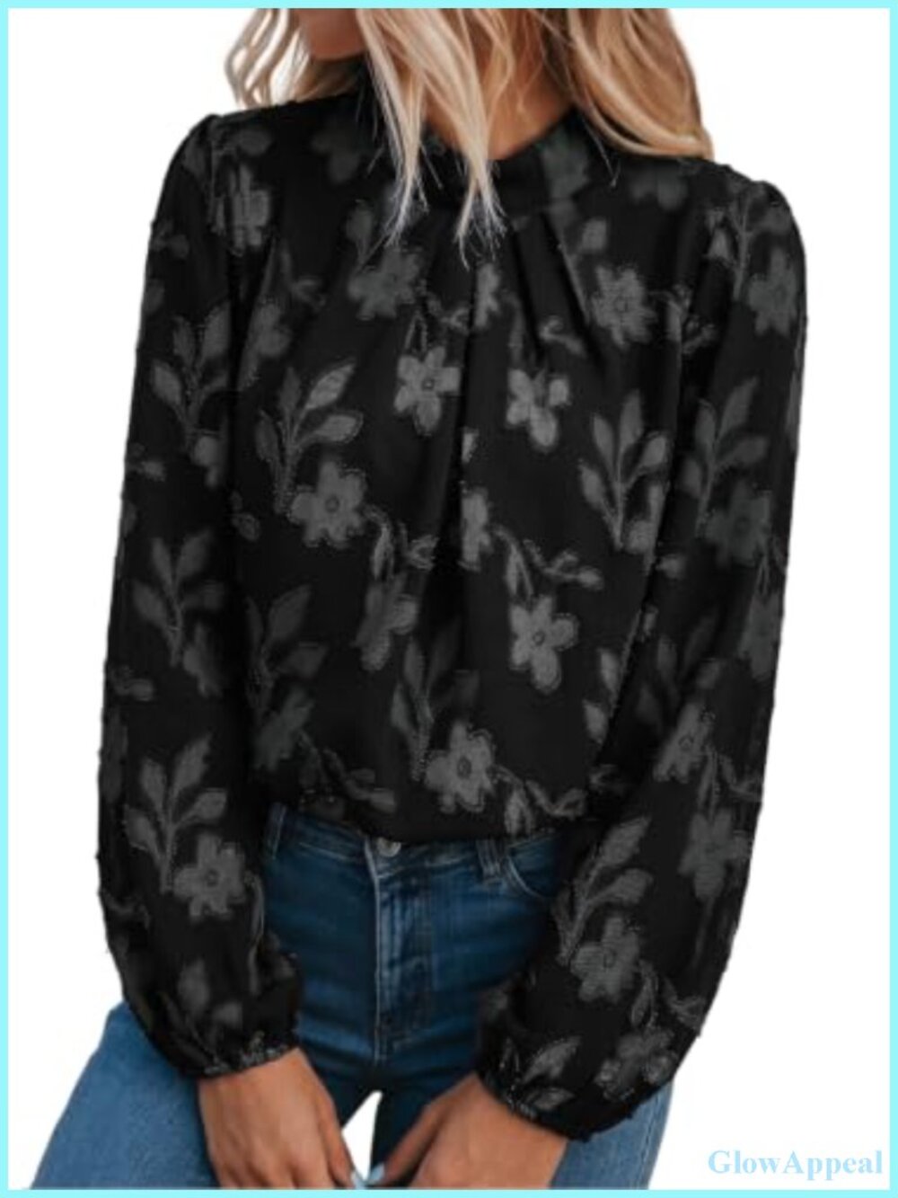Women's Mock Neck Pleated Floral Burnout Long Sleeve Blouse